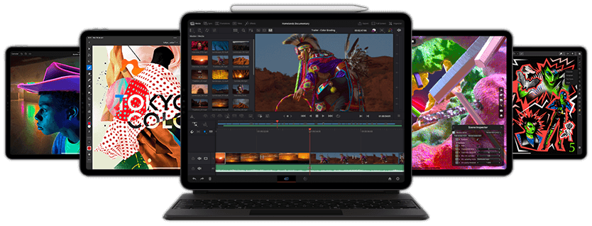 Vista frontal de un iPad Pro ejecutando la app Resolve, con el Smart Keyboard Folio y el Apple Pencil, delante de otros dispositivos iPad.